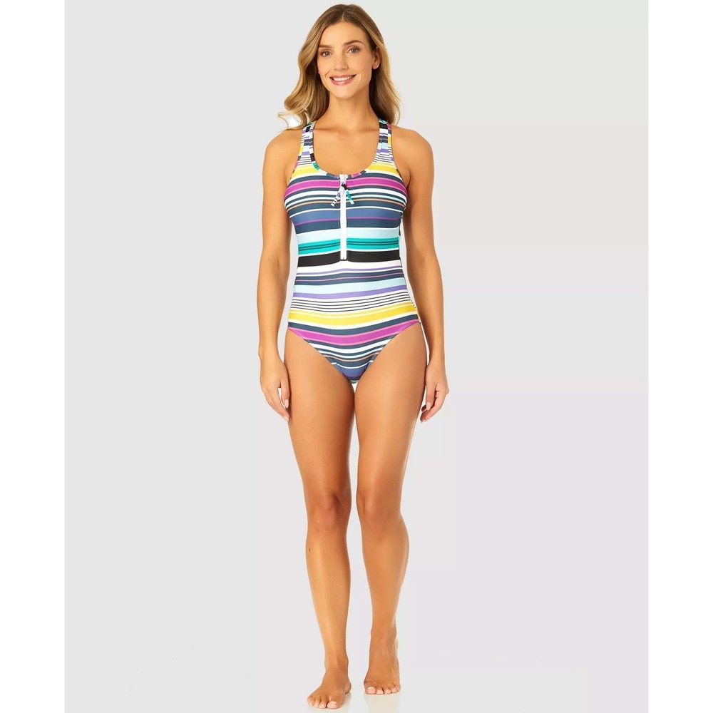 Anne Cole Women's 6 Barcode Stripe Zip-Front One-Piece Swimsuit • Reg Price $108